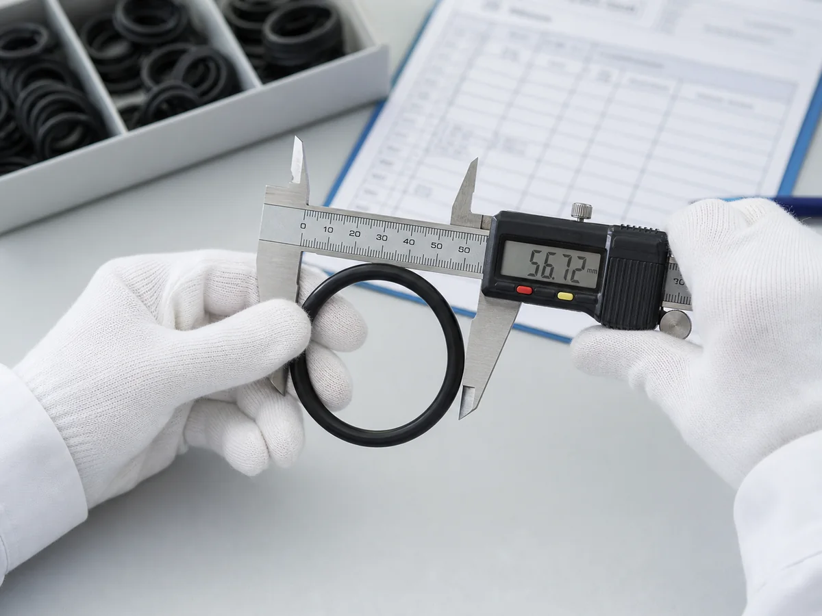 Quality technician measuring an O-ring outside diameter with a digital caliper